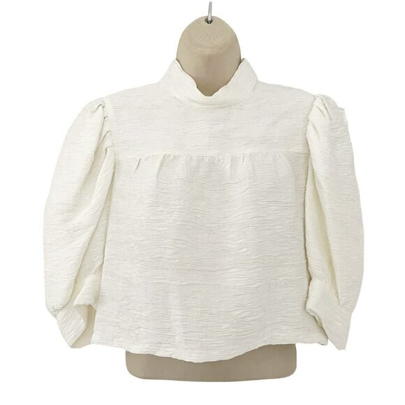 SANDRO Paris Janyce Womans Sz 3 (L) Ecru Puff Sleeve Cloqué Blouse Cropped Top - Picture 3 of 8